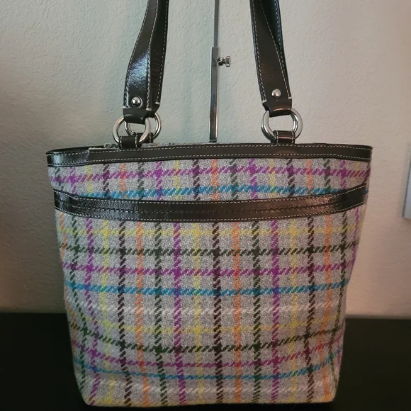 Coach Penelope Tattersall Plaid Wool Tweed Leather Handbag - Picture 5 of 13